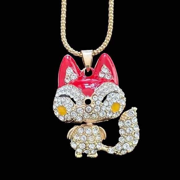 Betsey Johnson Fox Bobble Head Pendant Necklace - Enamel, Crystal & Gold Tone - Picture 1 of 8